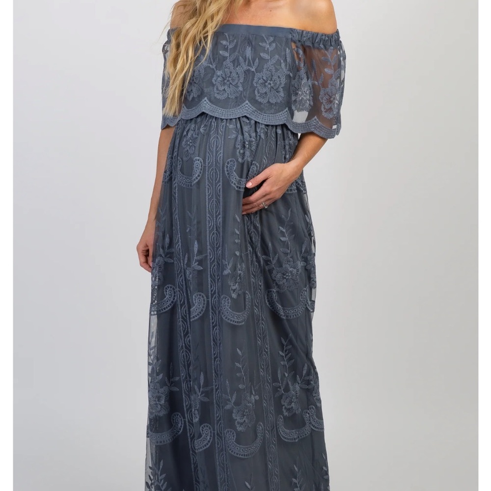 Blue PinkBlush Off the Shoulder Lace Maternity Dress